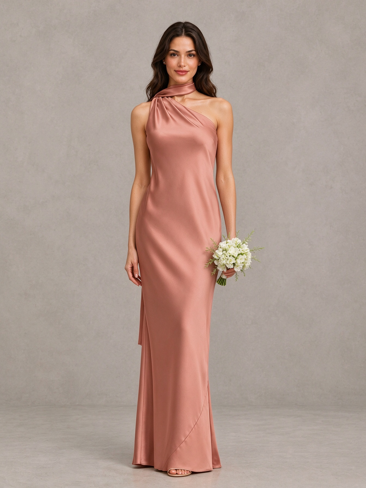 BOLODOO Dusty Rose Satin One-Shoulder Bridesmaid Dress with Open Back 