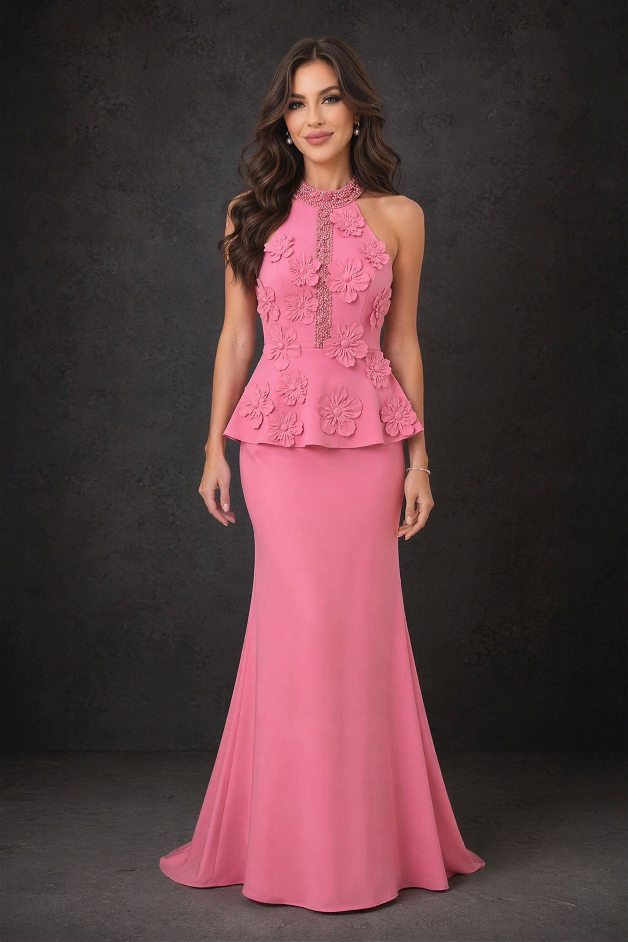 BOLODOO rose pink pearl beaded halter 3D floral peplum mermaid backless maxi dress - front close up bodice and pearl neckline detail