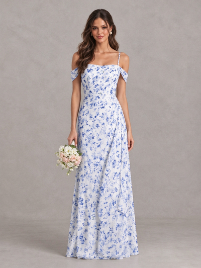 BOLODOO Blue Floral Off-Shoulder Lace-Up Bridesmaid Dress 
