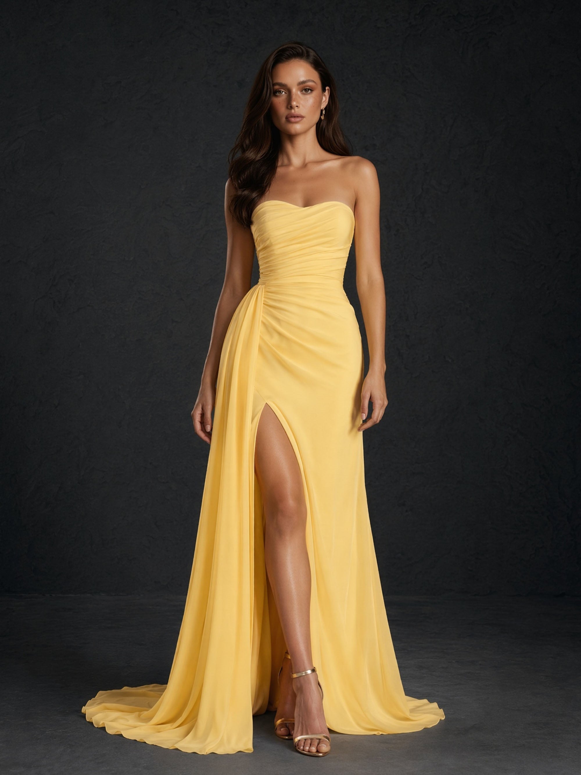 BOLODOO Yellow Chiffon Sweetheart Ruched Bodice Open Back High Slit A-Line Maxi Dress - Front Full Length Standing View