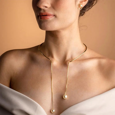 BOLODOO Gold-Tone Pearl Drop Open Collar Lariat Necklace 