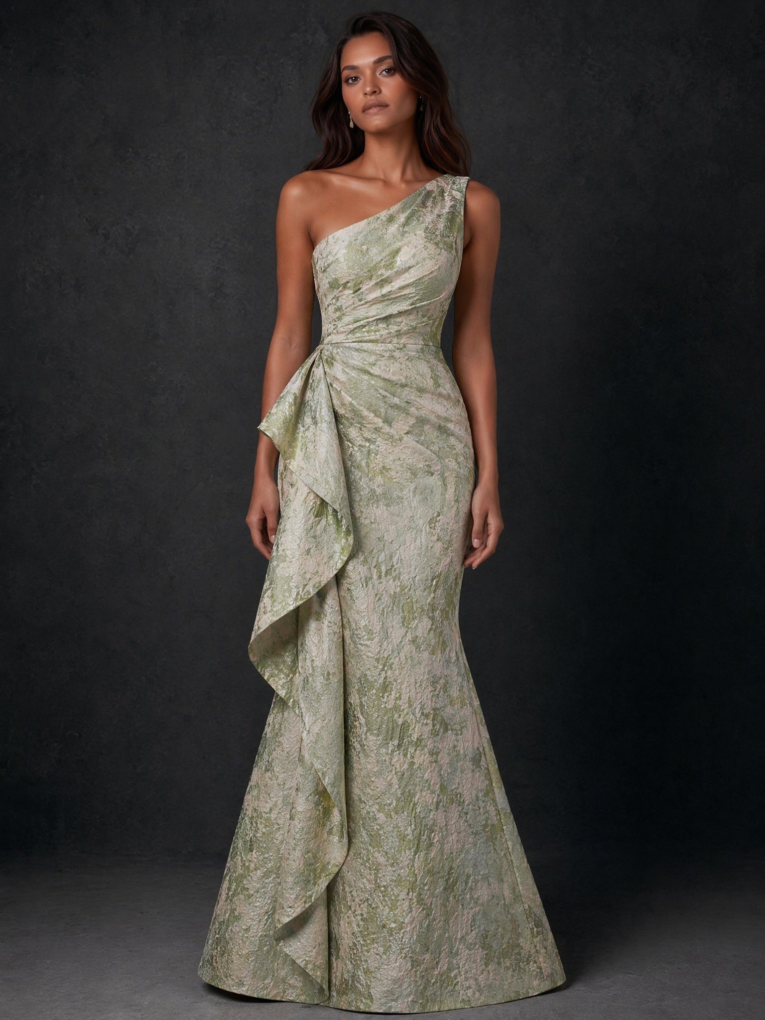 BOLODOO Sage Green Gold Jacquard One-Shoulder Mermaid Evening Gown with Draped Ruffle