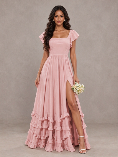 BOLODOO Blush Pink Flutter Sleeve Ruffle Bridesmaid Dress with Slit