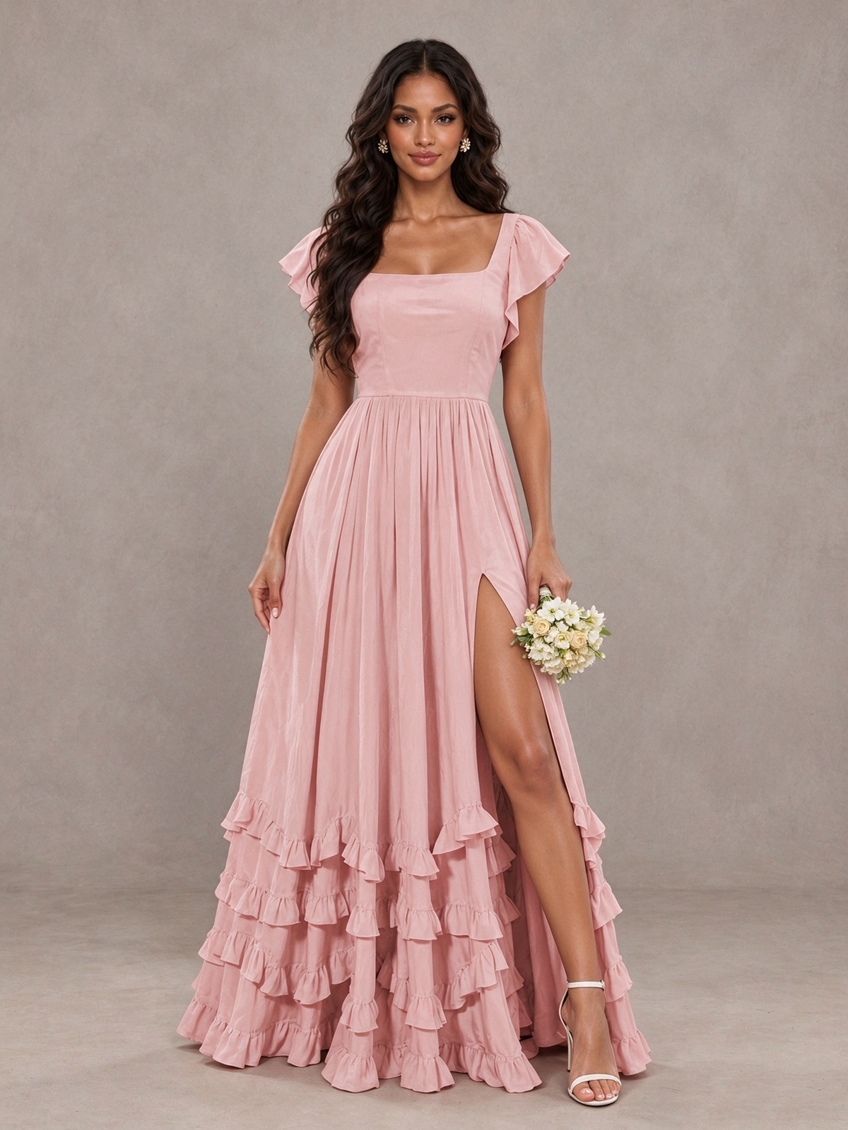 BOLODOO Blush Pink Flutter Sleeve Ruffle Bridesmaid Dress with Slit 