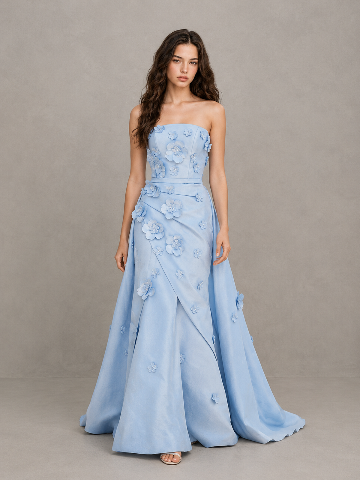 BOLODOO Light Blue Strapless 3D Floral Applique Prom Gown with Draped Skirt 