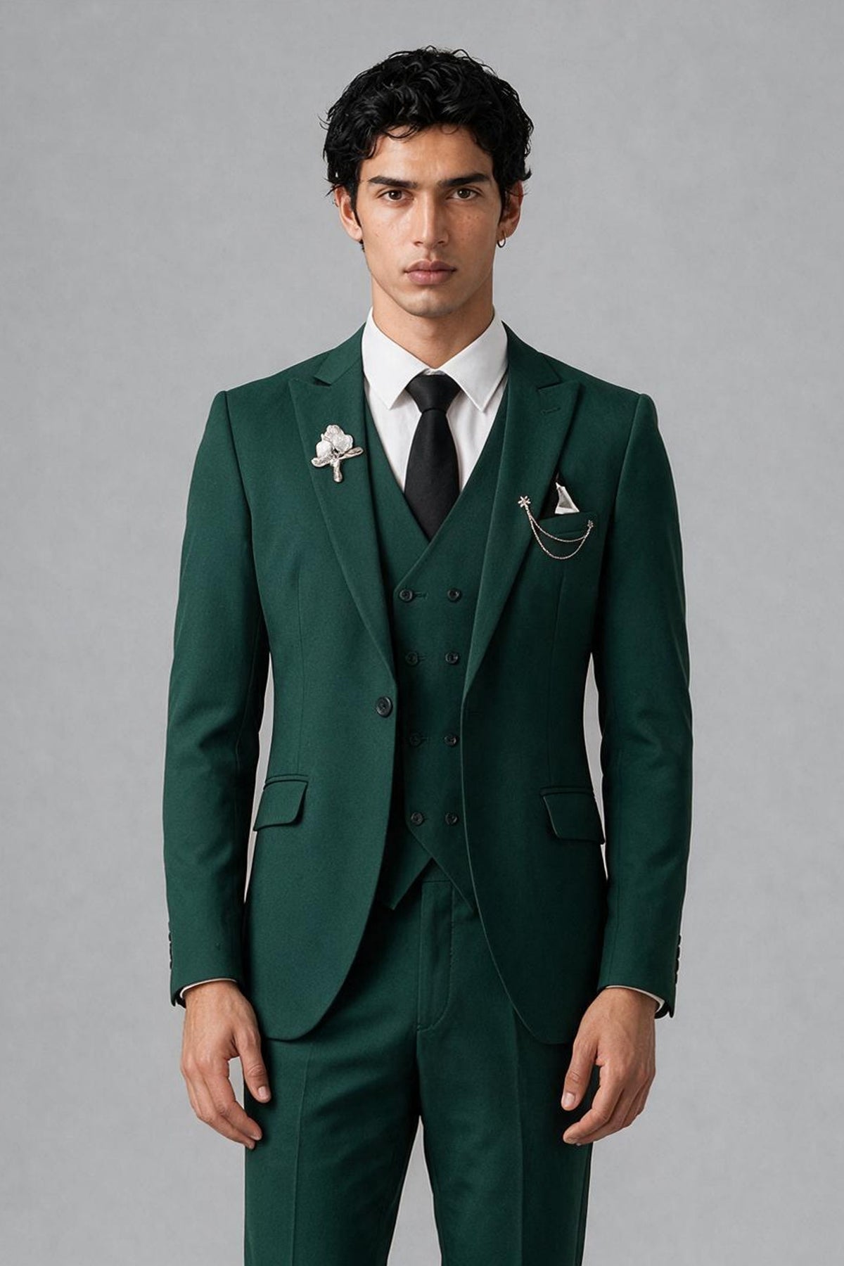 Bolodoo FQ1007 dark green suit jacket, front detail showing notch lapels and flap pockets; vest not included