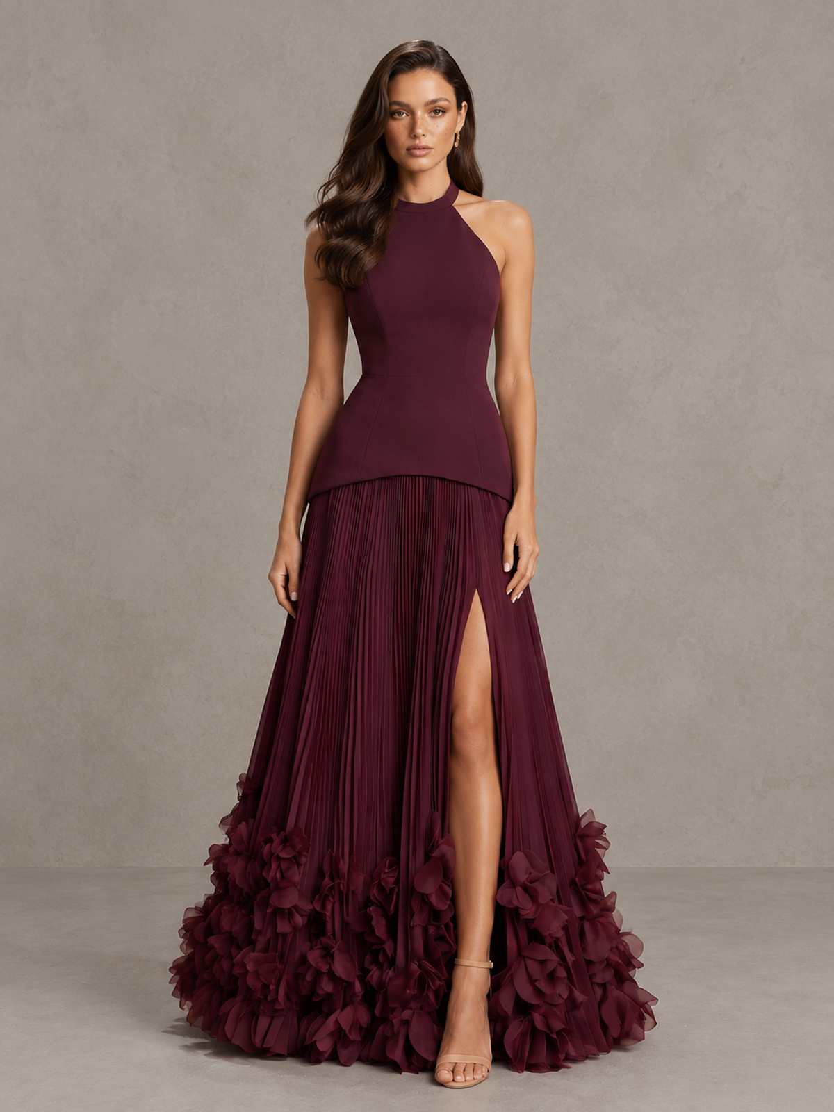 BOLODOO Burgundy Halter Neck Floor-Length Evening Gown with High Slit & 3D Floral Hem 