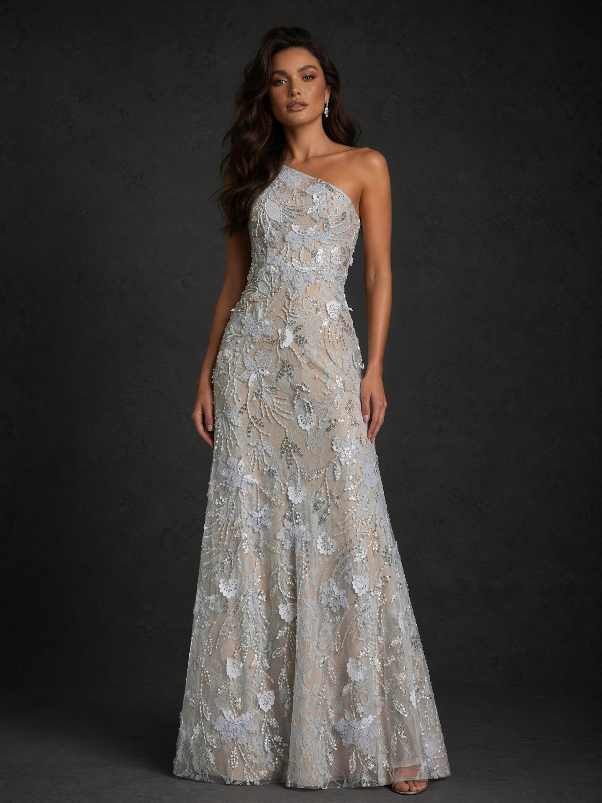 BOLODOO silver one-shoulder 3D floral sequin lace maxi gown - front full body view showing asymmetric neckline and iridescent embroidery