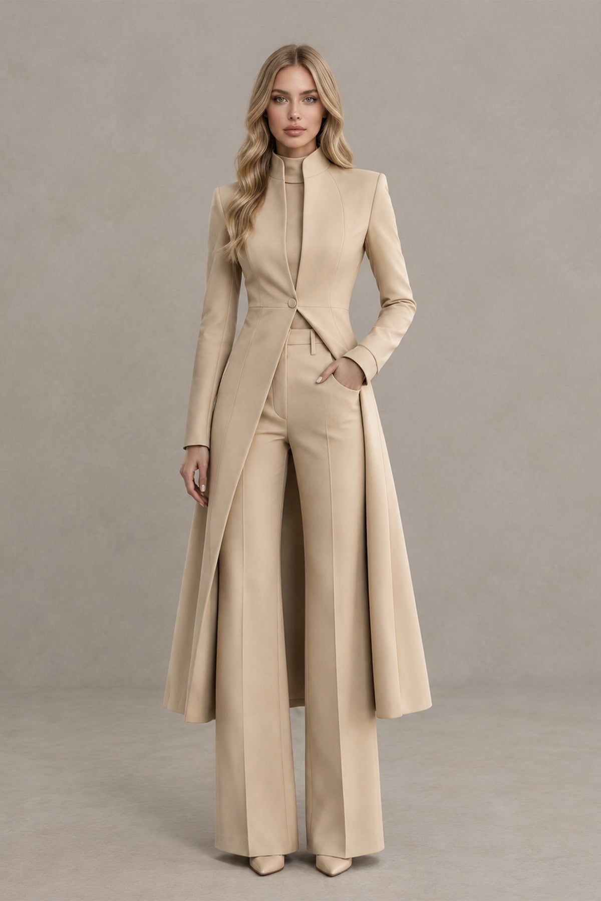 BOLODOO XX049 beige longline jacket and wide-leg formal pantsuit, full front view