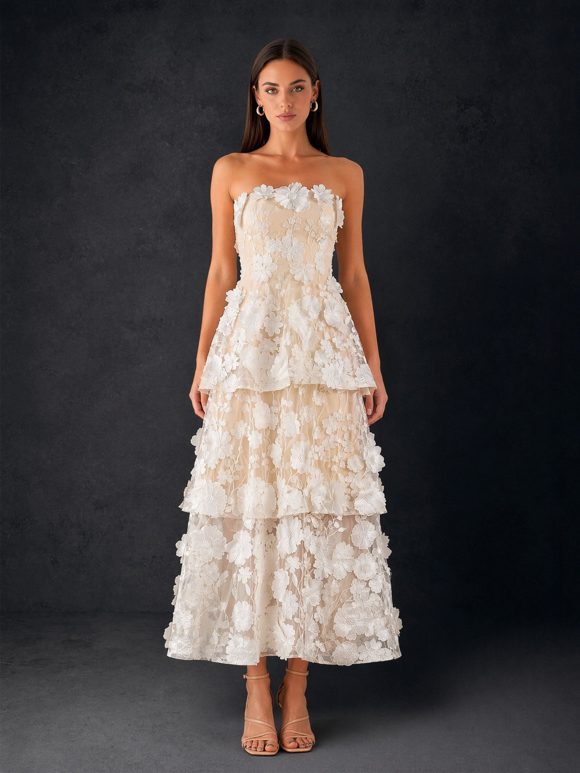 BOLODOO Champagne Ivory 3D Floral Lace Strapless Tiered Ruffle Tea Length Dress - Front Full Length Static View