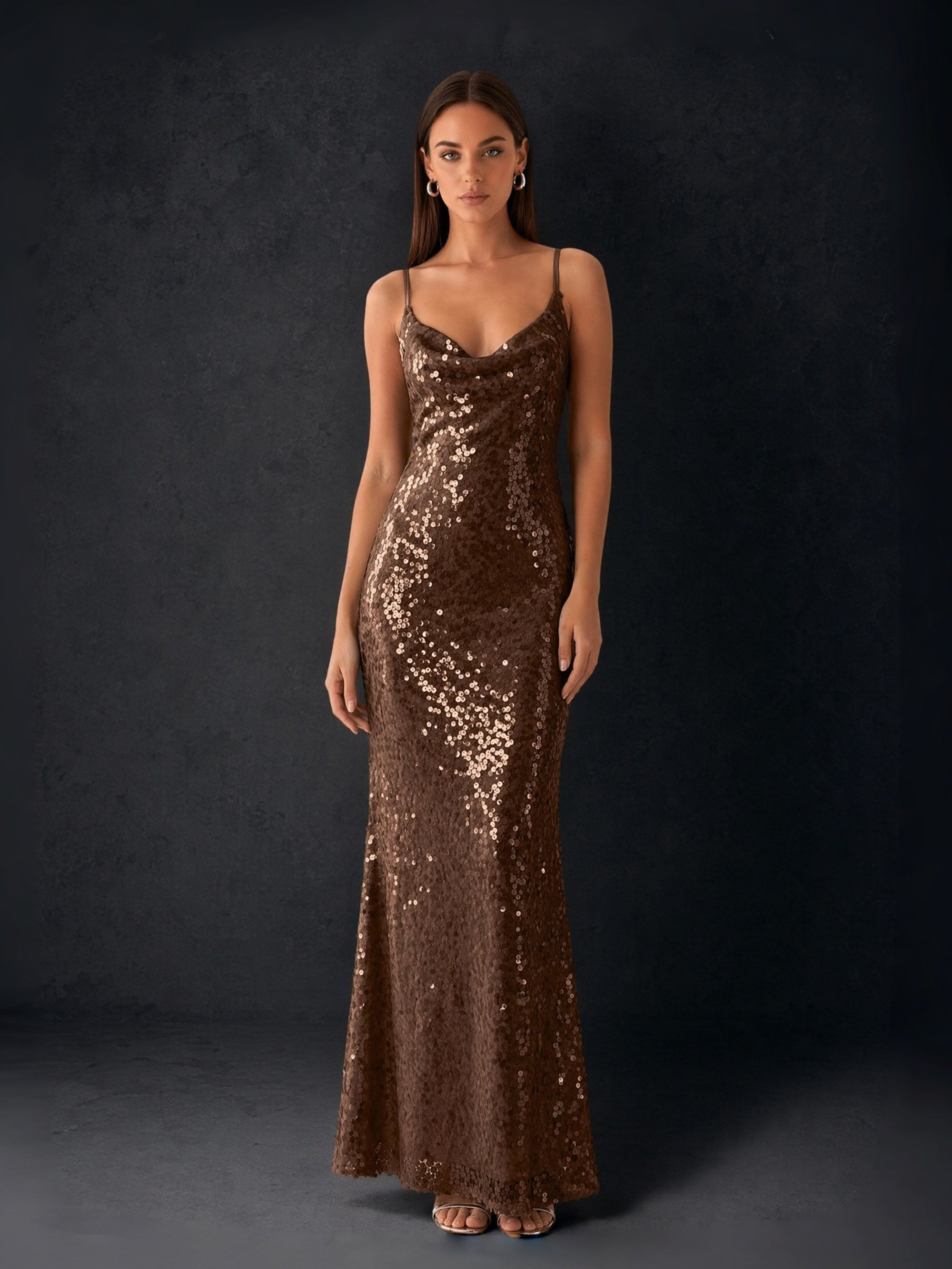 BOLODOO Bronze Sequin Cowl Neck Spaghetti Strap Mermaid Maxi Dress - Front Full Length Static View