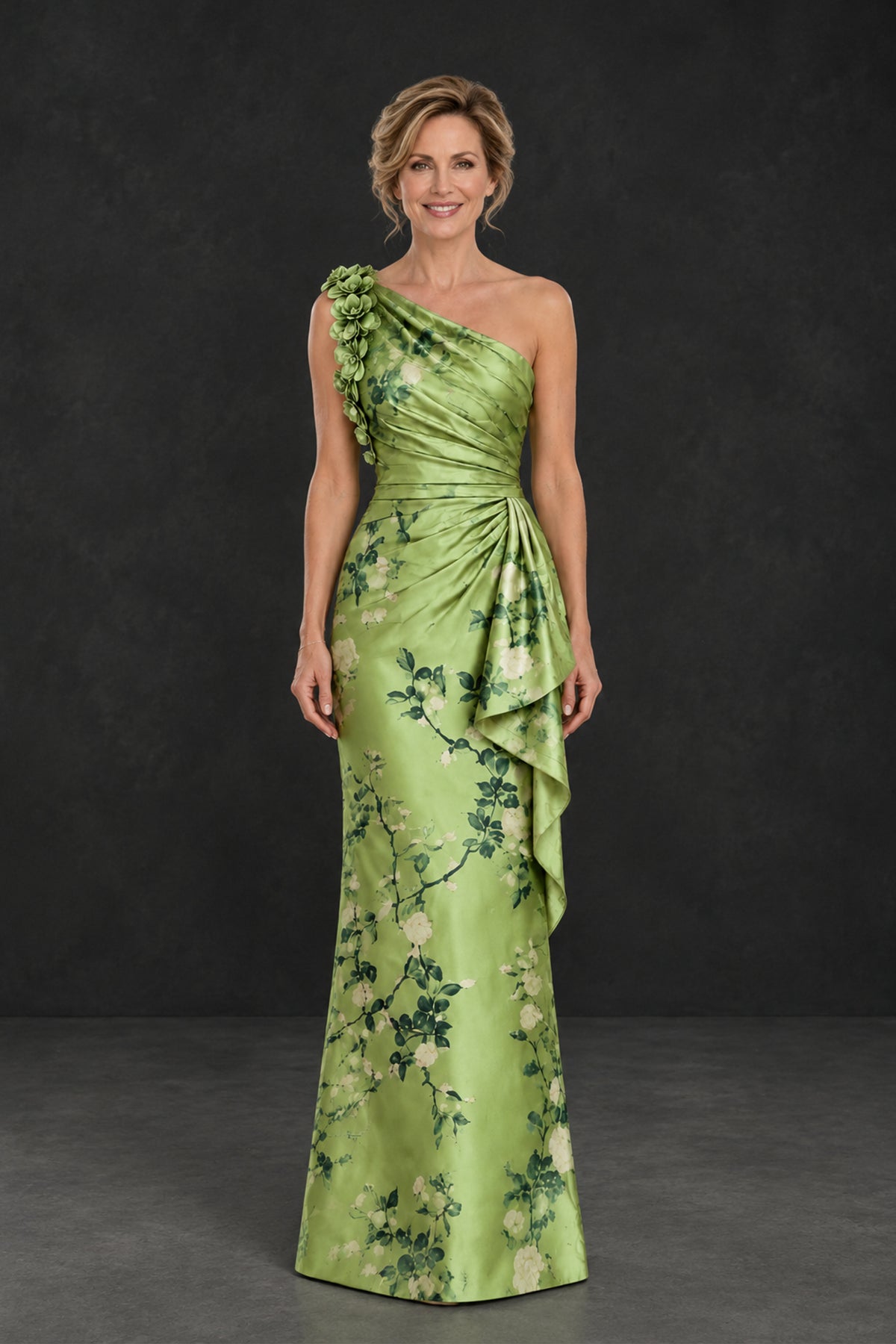 BOLODOO XX090 light green floral one-shoulder mother-of-the-bride dress, full front view