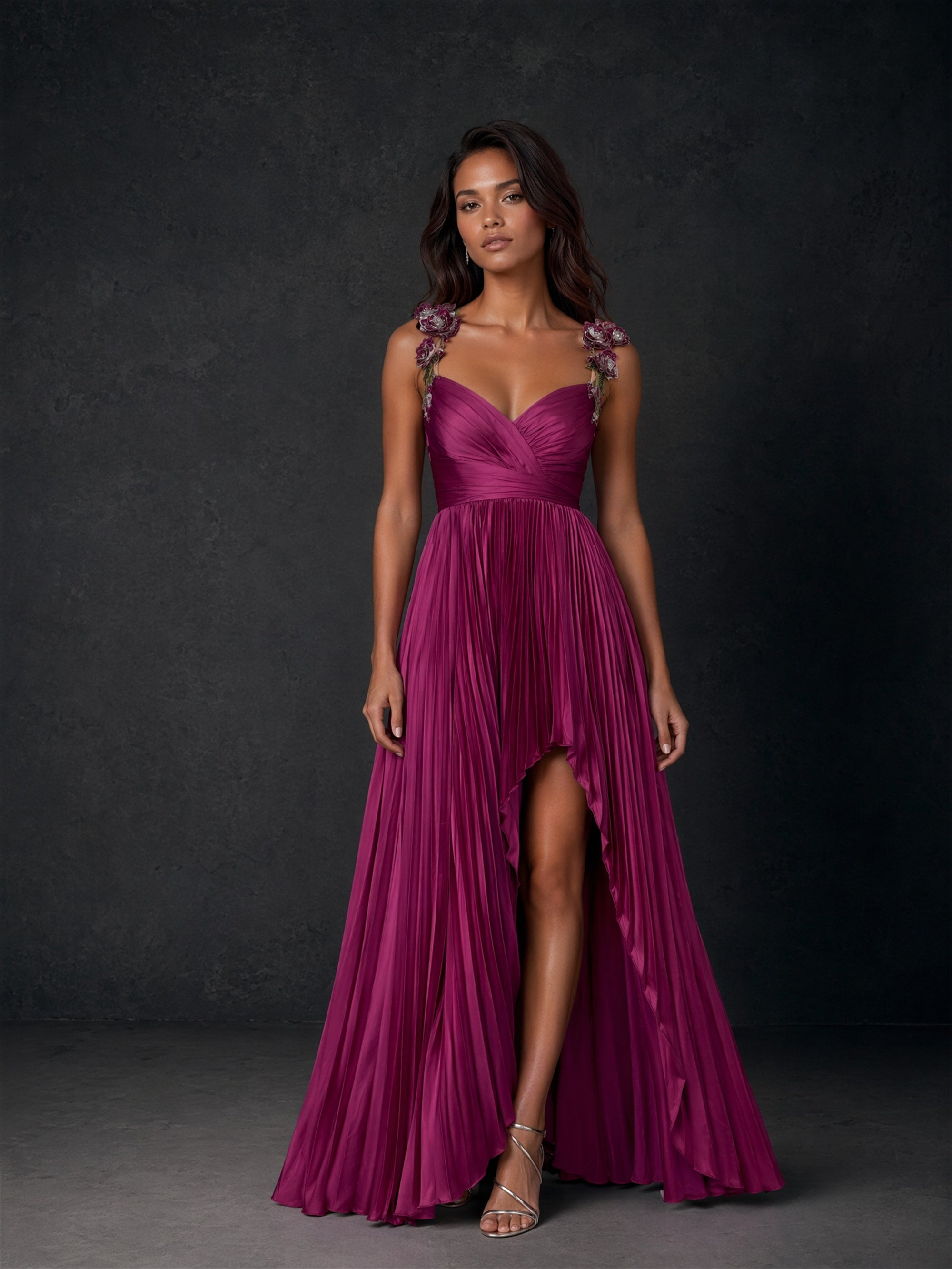 BOLODOO magenta pleated chiffon 3D rose strap V-neck side slit maxi gown - front full body view with gold heeled sandals