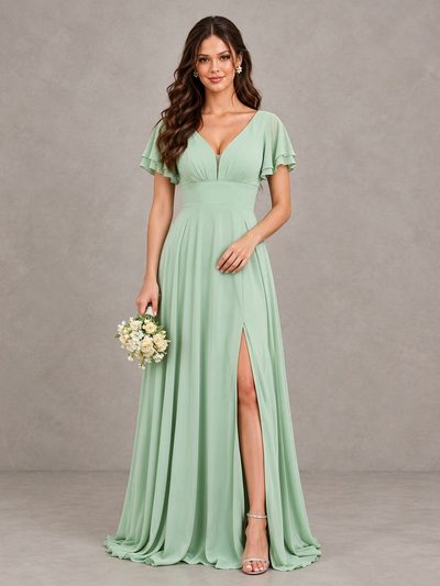 BOLODOO Sage Green Flutter Sleeve Chiffon A-Line Maxi Bridesmaid Dress with Open Back & Slit 