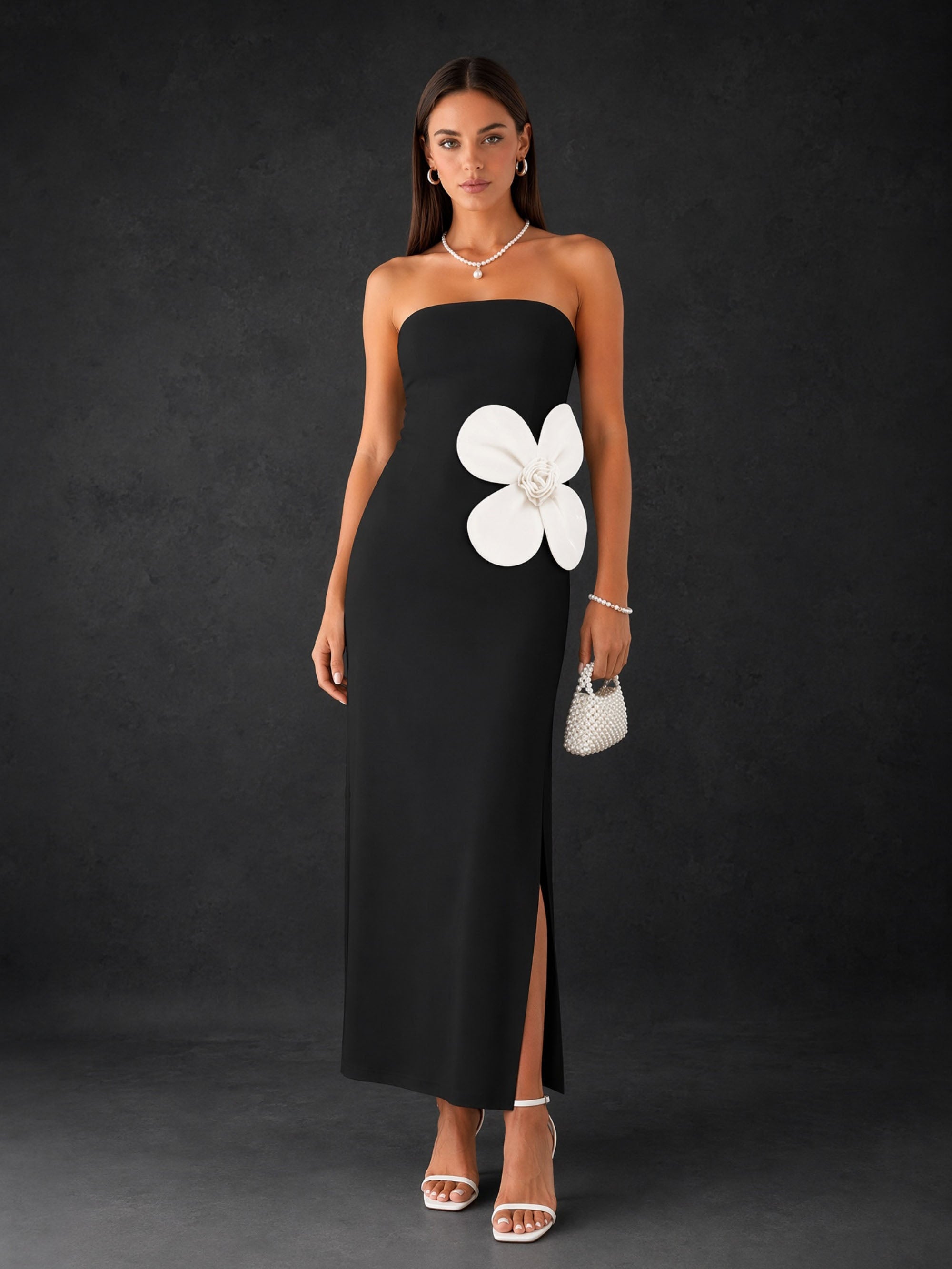 BOLODOO Black Strapless Oversized 3D White Flower Appliqué Side Slit Bodycon Midi Dress - Front Full Length Smiling Standing View
