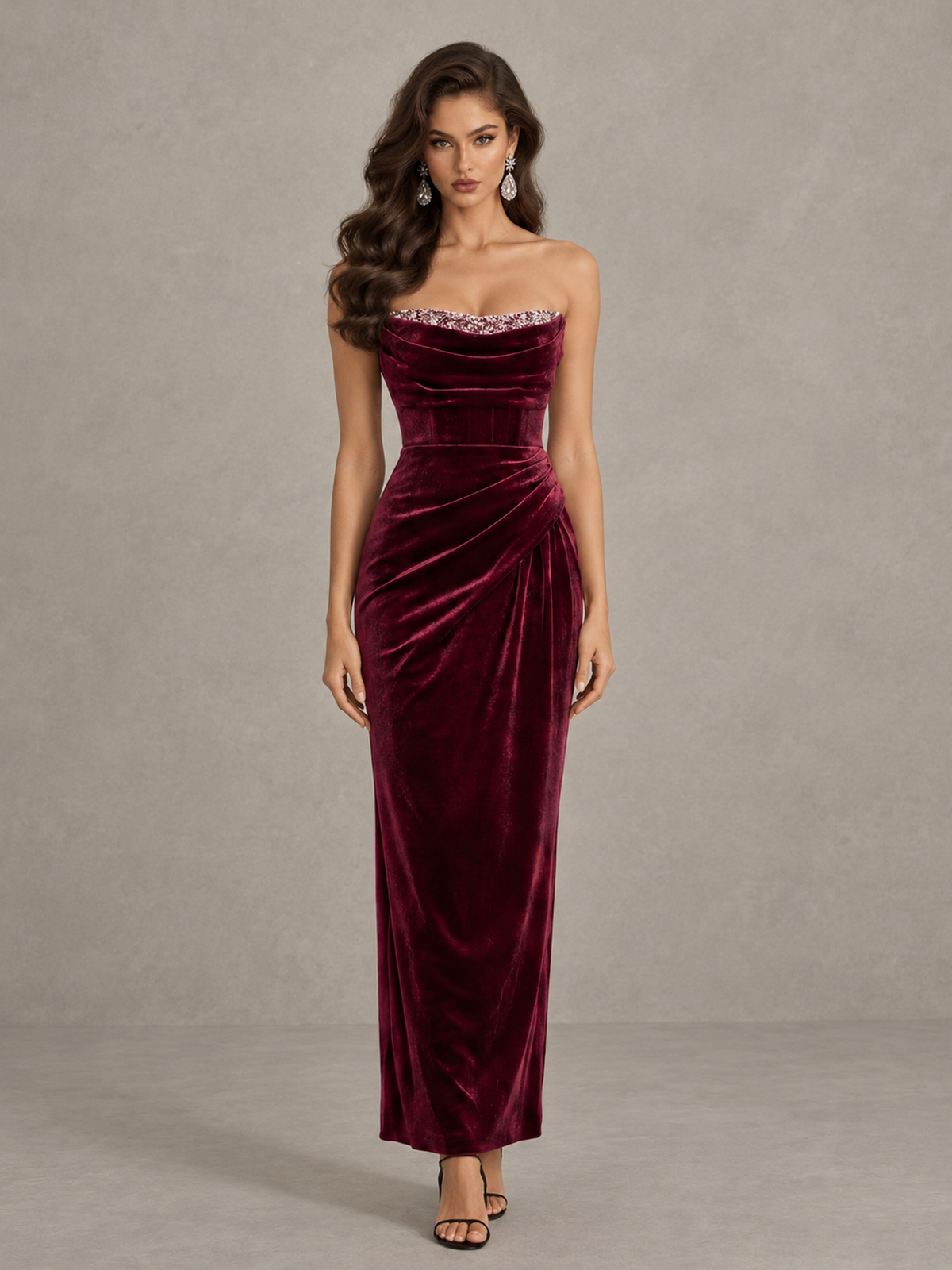 BOLODOO Burgundy Strapless Velvet Cocktail Maxi Dress 