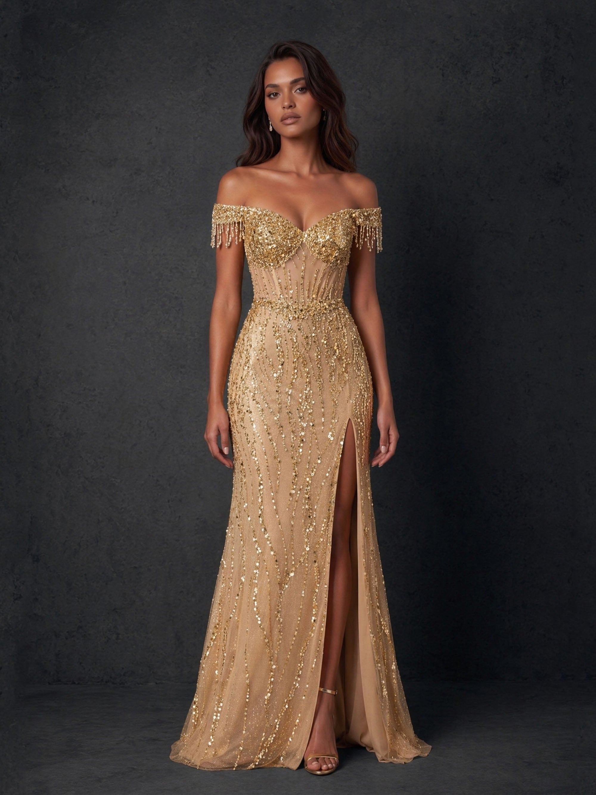 BOLODOO Champagne Gold Wave Sequin Off-Shoulder Beaded Fringe Sheer Corset Lace-Up Back High Slit Mermaid Maxi Dress - Front Full Length Side Pose Showing High Slit and Beaded Fringe Shoulder