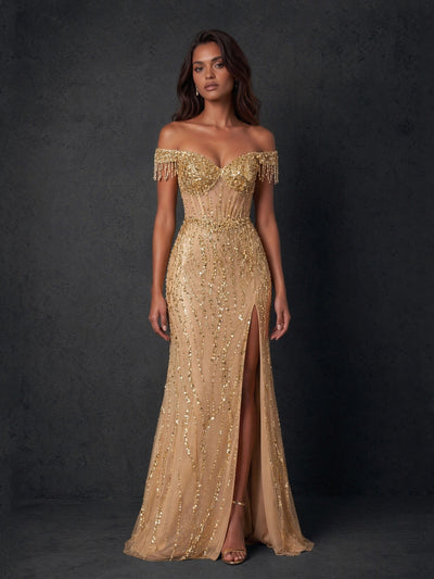 BOLODOO Champagne Gold Wave Sequin Off-Shoulder Beaded Fringe Sheer Corset Lace-Up Back High Slit Mermaid Maxi Dress - Front Full Length Side Pose Showing High Slit and Beaded Fringe Shoulder