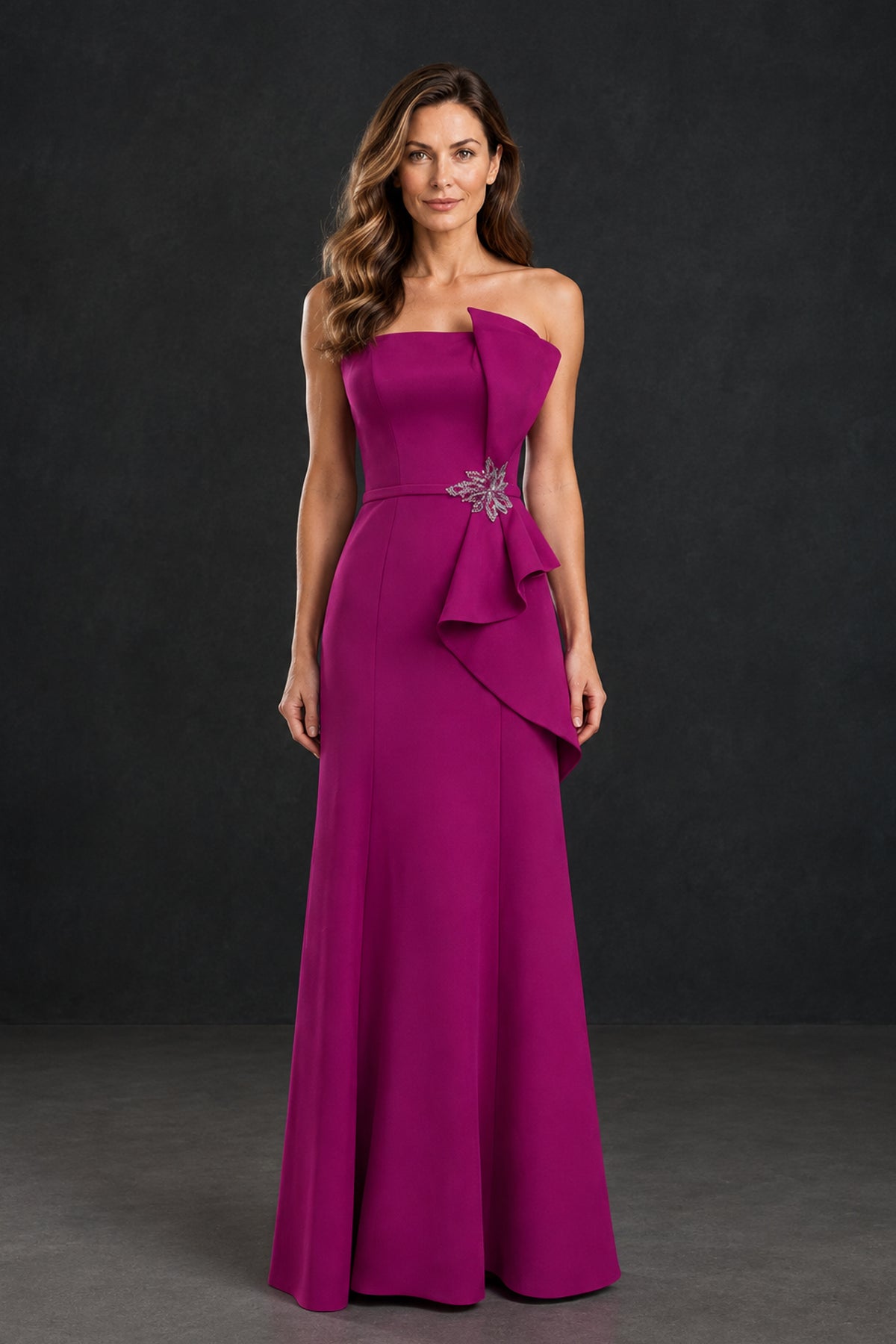 BOLODOO XX077 fuchsia strapless mother of the bride dress front view with cascading ruffles and floral waist embellishment