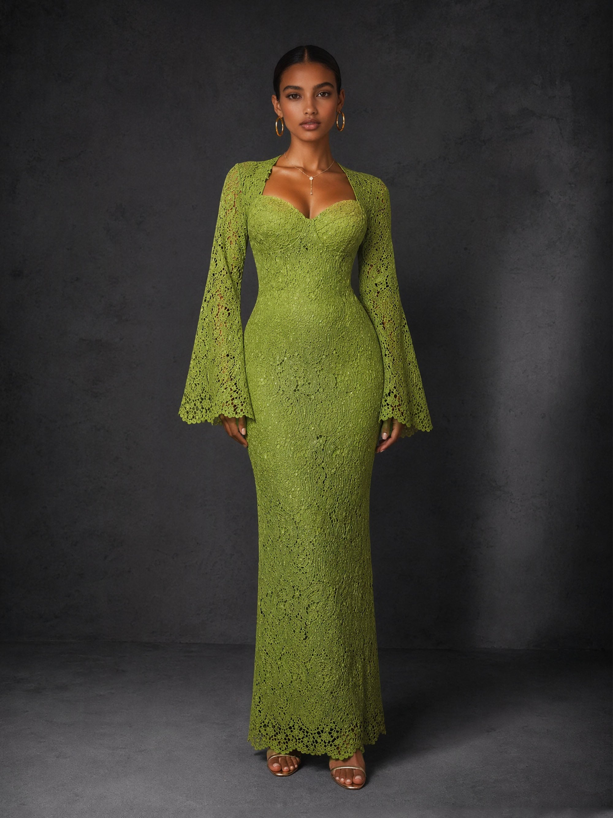 BOLODOO olive green lace mermaid maxi dress - front view full length