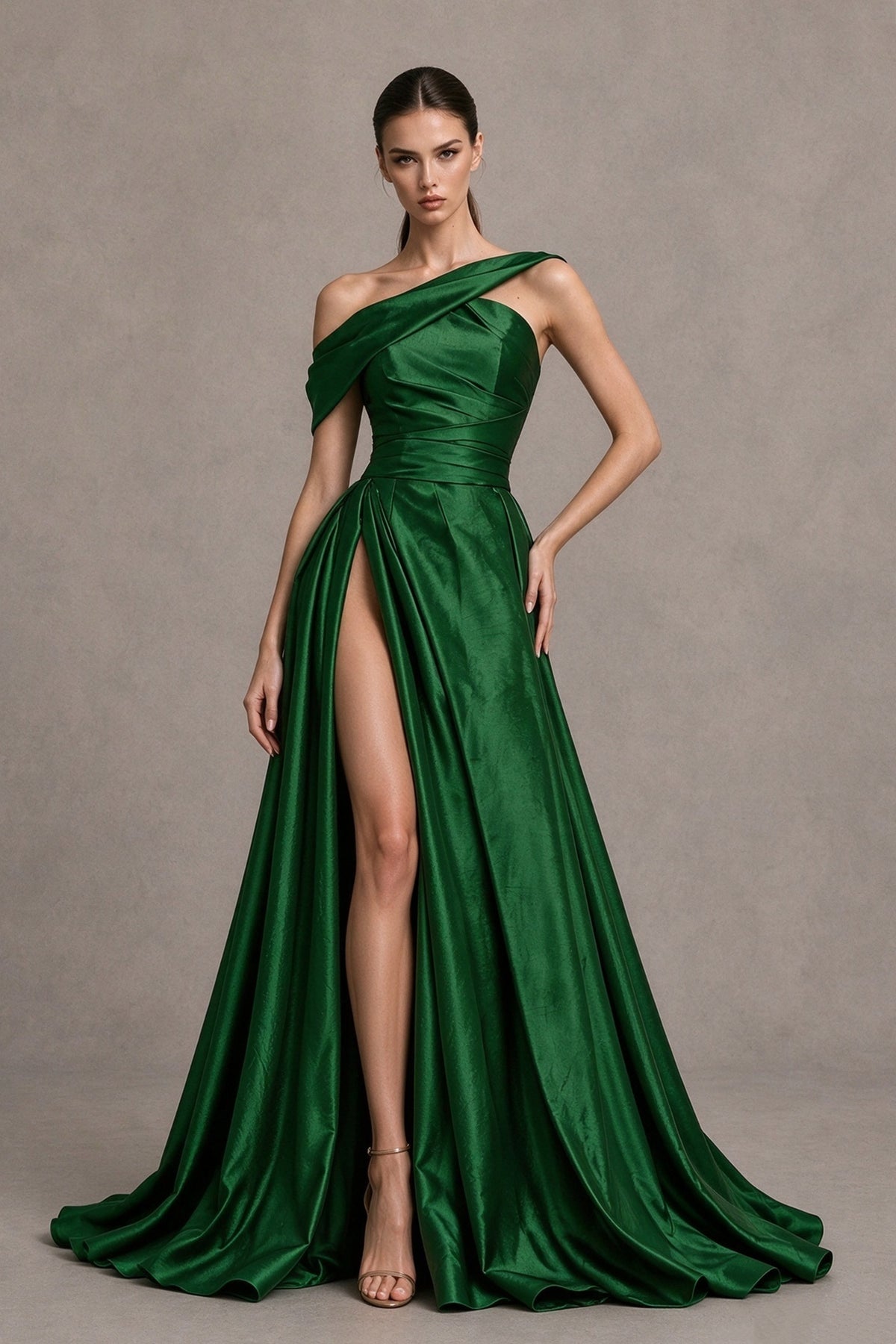 BOLODOO Emerald Green Asymmetric Satin-Look A-Line Prom Dress with High Slit 