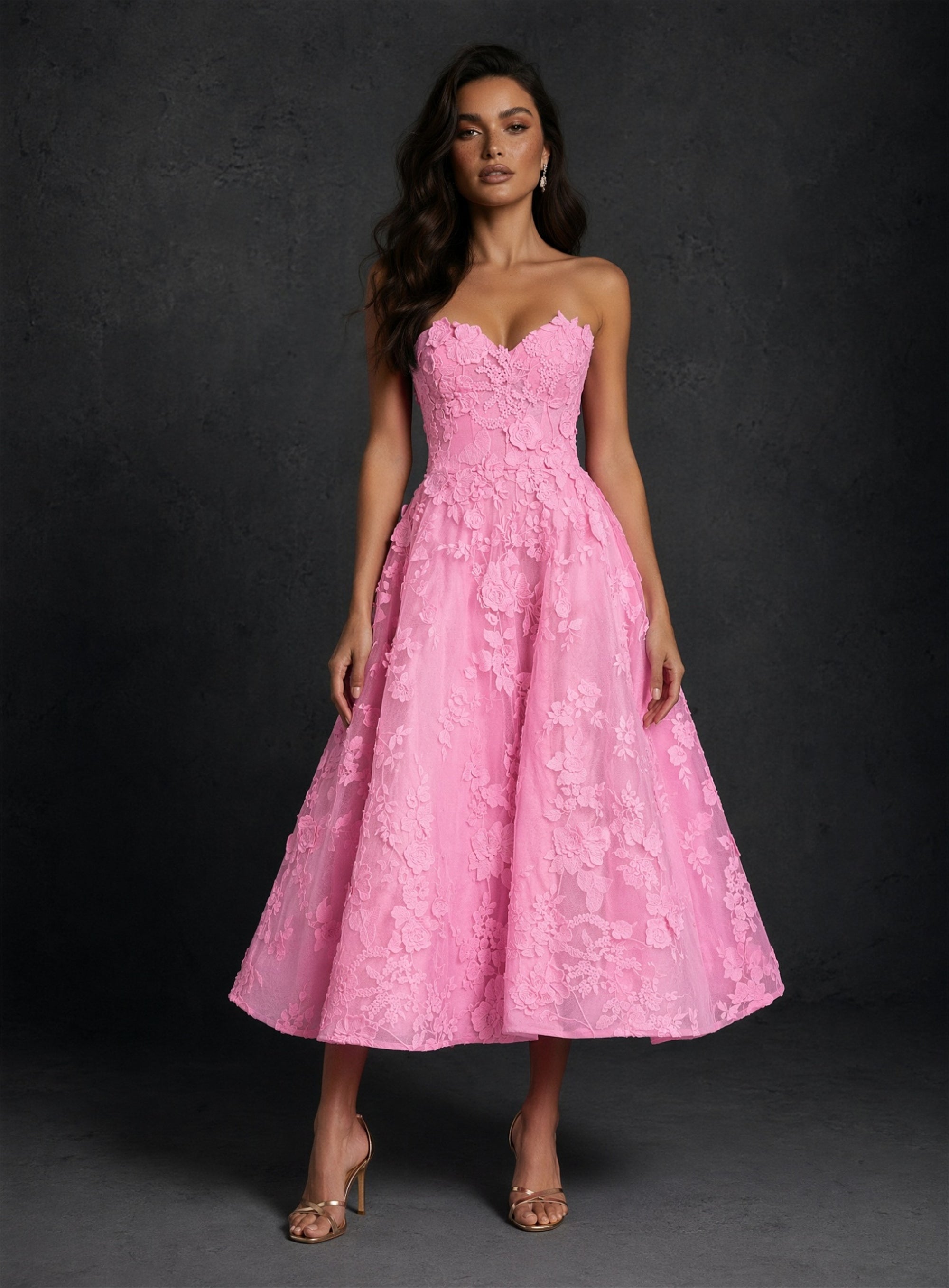 BOLODOO pink 3D floral lace strapless sweetheart A-line tea-length dress - front full body view with gold heeled sandals