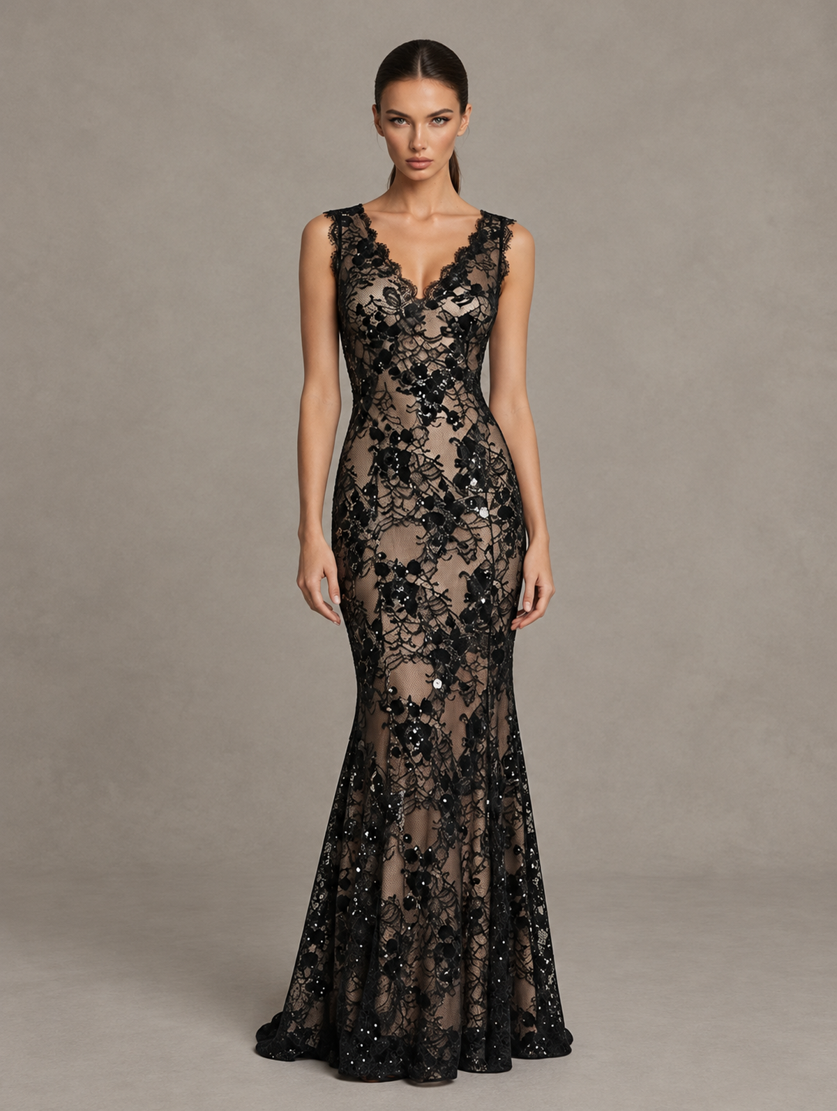BOLODOO Black Floral Lace Sequin Mermaid Evening Gown 