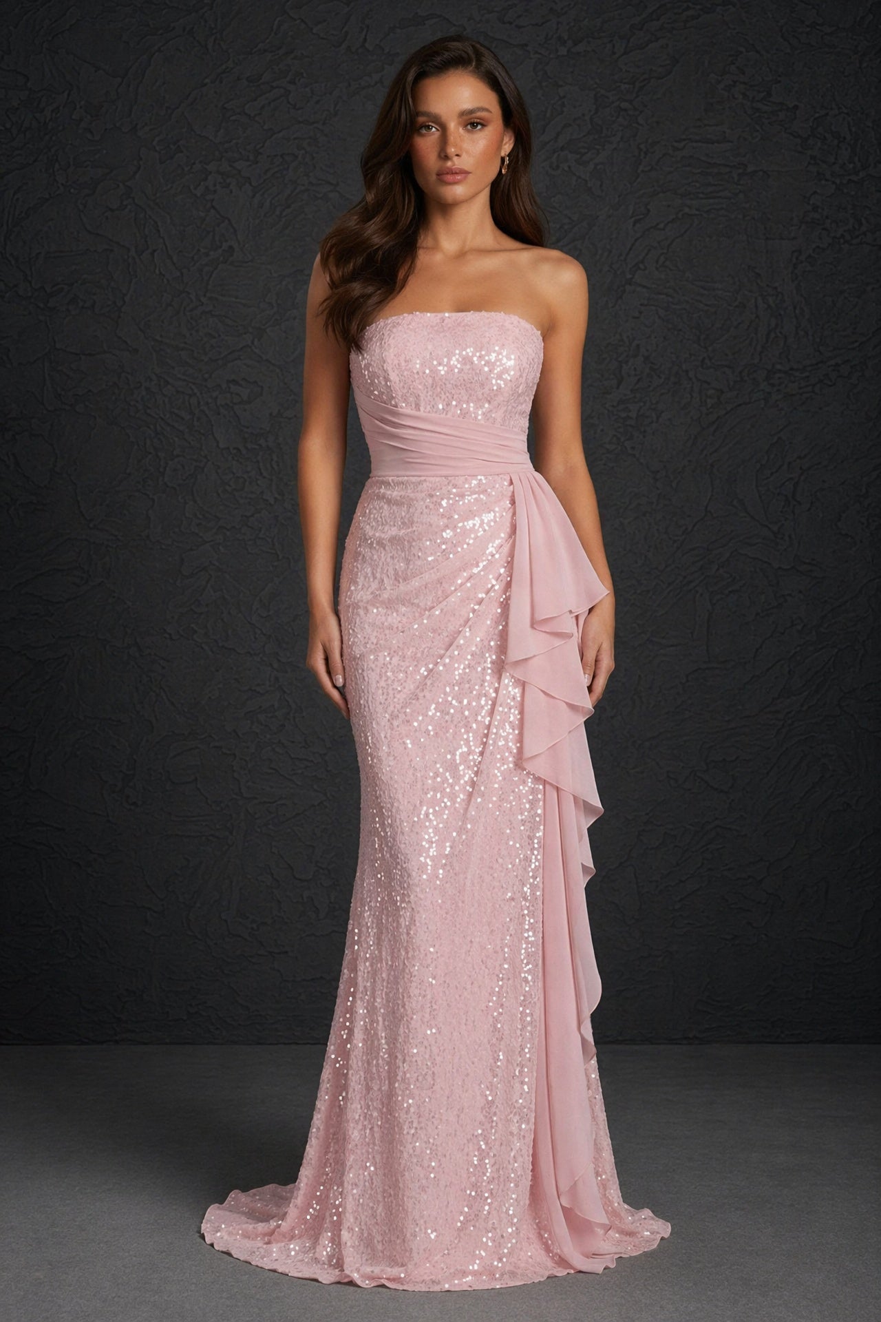 BOLODOO Blush Pink Sequin Strapless Mermaid Gown with Chiffon Ruffle Detail