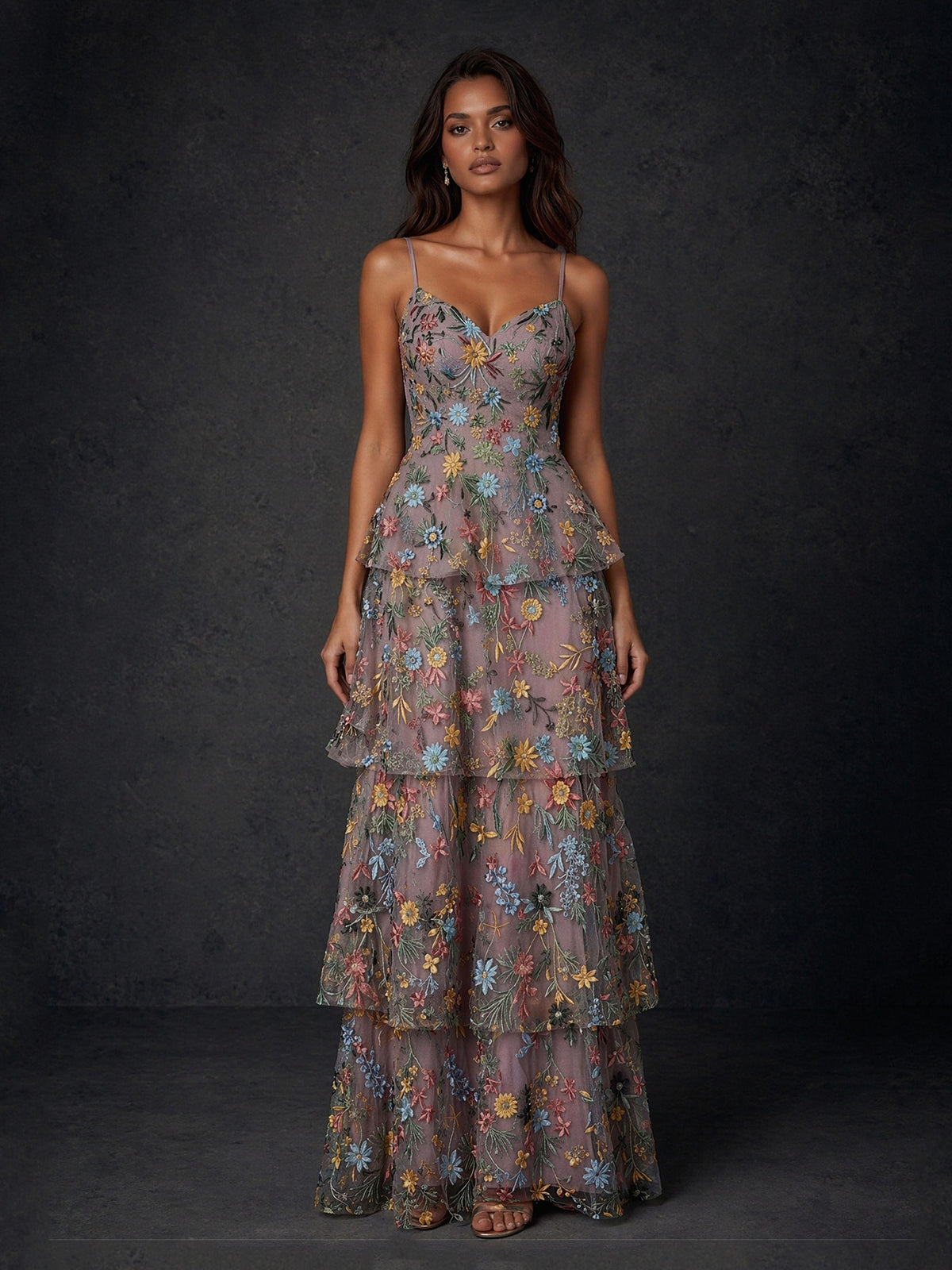BOLODOO Multicolor Floral Embroidered Tiered Tulle Maxi Dress with Spaghetti Straps 