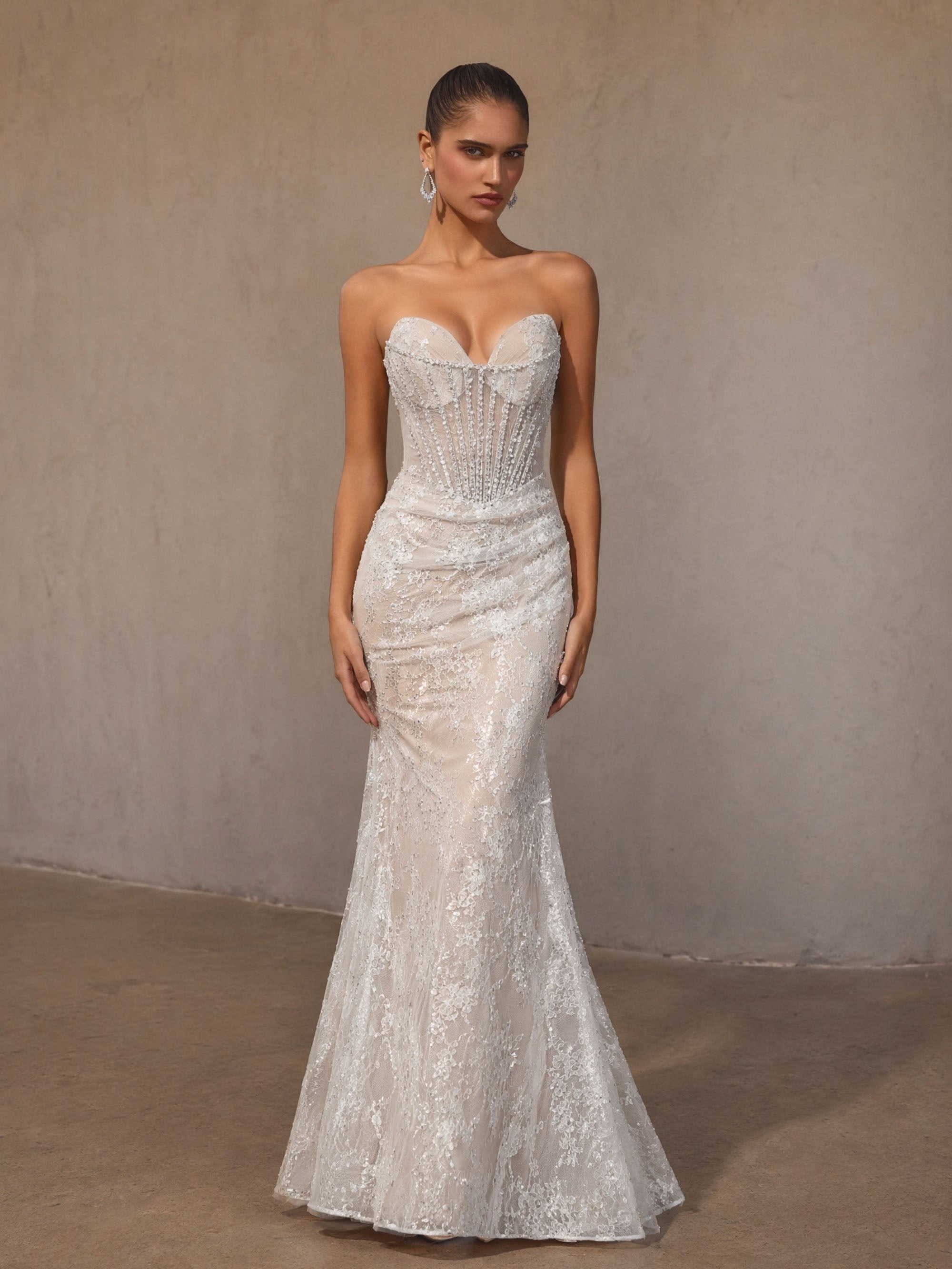 BOLODOO White Floral Glitter Sequin Lace Sweetheart Sheer Pearl Crystal Boned Corset Low Open Back Mermaid Wedding Dress - Front Full Length Standing View