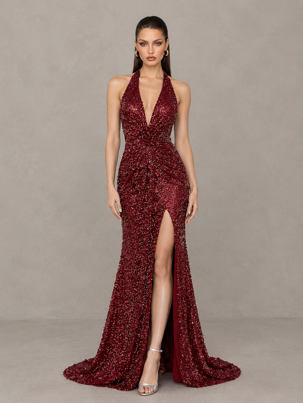 BOLODOO XCD028 burgundy sparkling halter evening gown front view with plunging V-neck and high slit