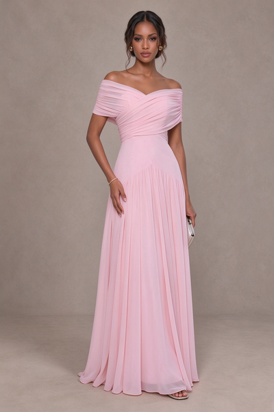 BOLODOO Blush Pink Off-Shoulder Ruched A-Line Bridesmaid Dress 