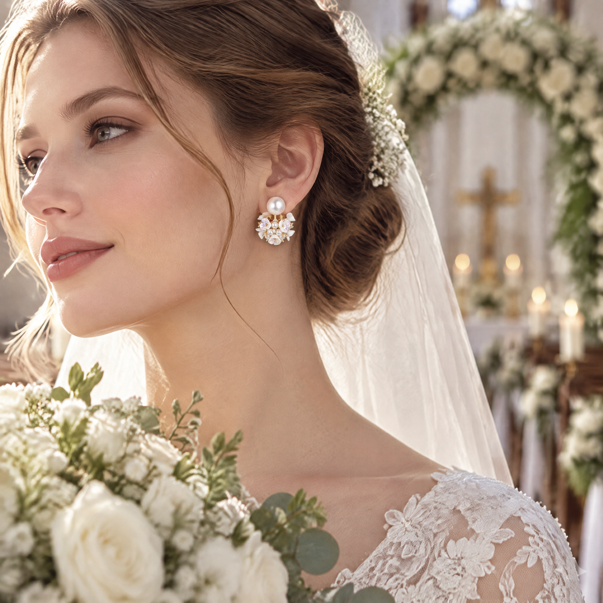 Bridal styling inspiration showing BOLODOO floral pearl-look earrings with an updo and wedding veil