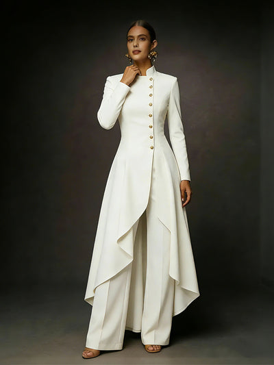 BOLODOO White Mandarin Collar Gold Button Asymmetric Hi-Lo Coat Wide-Leg Pants Suit - Front Full Length View