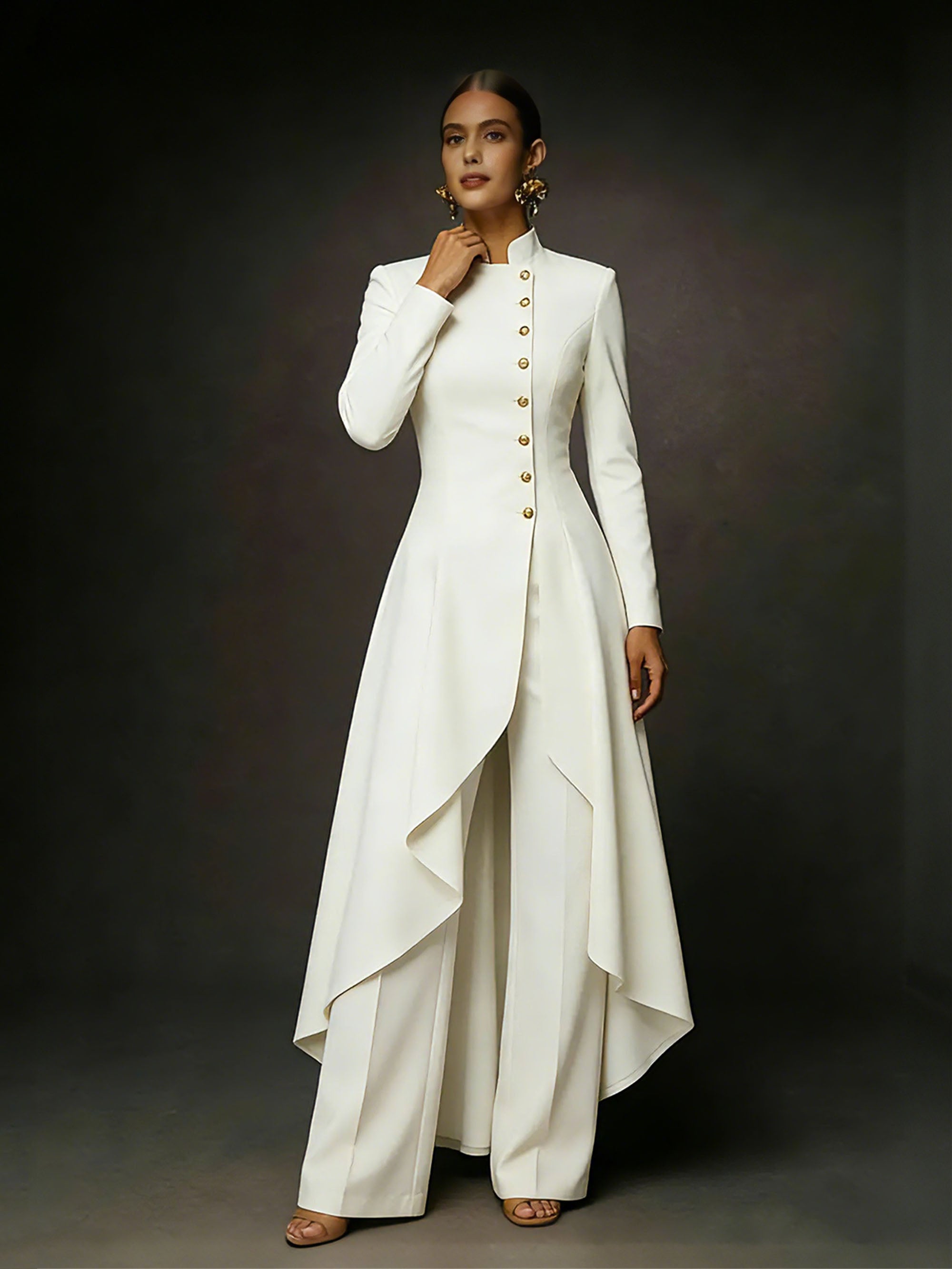 BOLODOO White Mandarin Collar Gold Button Asymmetric Hi-Lo Coat Wide-Leg Pants Suit - Front Full Length View