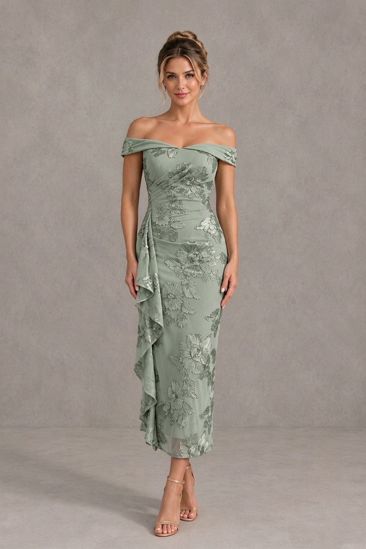 BOLODOO XX115 sage green off-shoulder floral midi dress with cascading side ruffle, front view