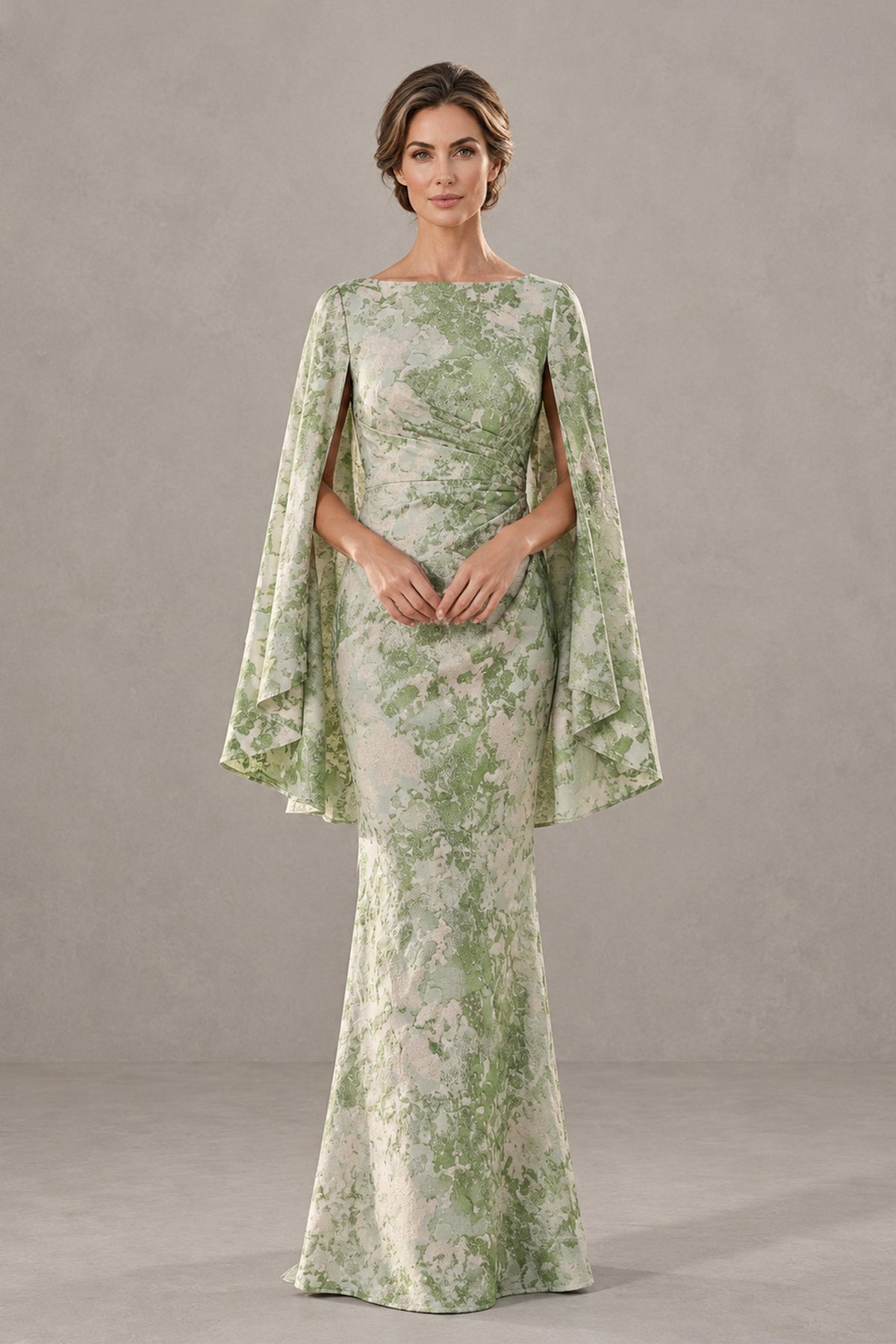 BOLODOO XX046 sage green floral floor-length mother of the bride dress with cape sleeves, front view