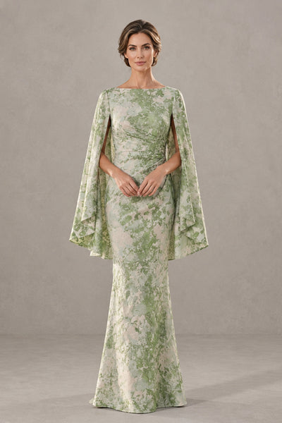BOLODOO XX046 sage green floral floor-length mother of the bride dress with cape sleeves, front view