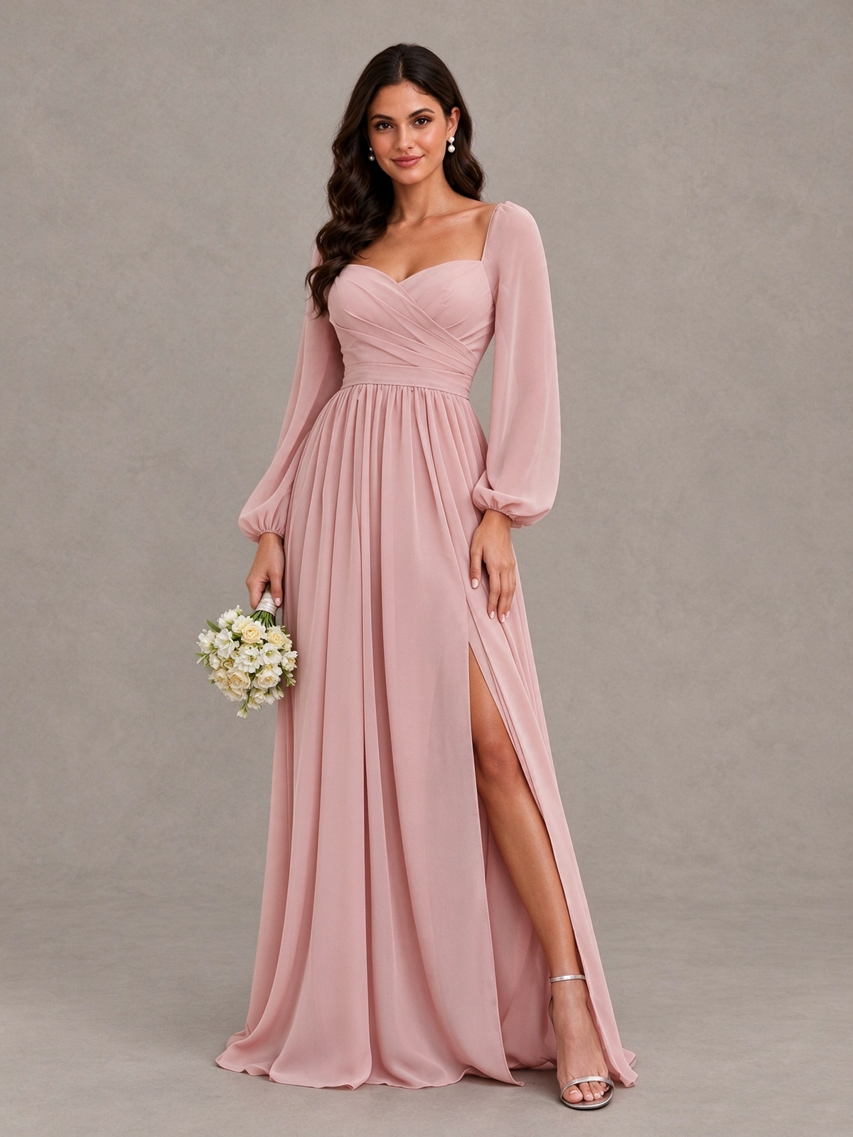 BOLODOO Dusty Rose Long Sleeve Chiffon Bridesmaid Dress with Slit 