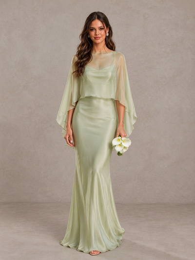 BOLODOO Sage Green Satin Mermaid Bridesmaid Dress with Chiffon Cape 