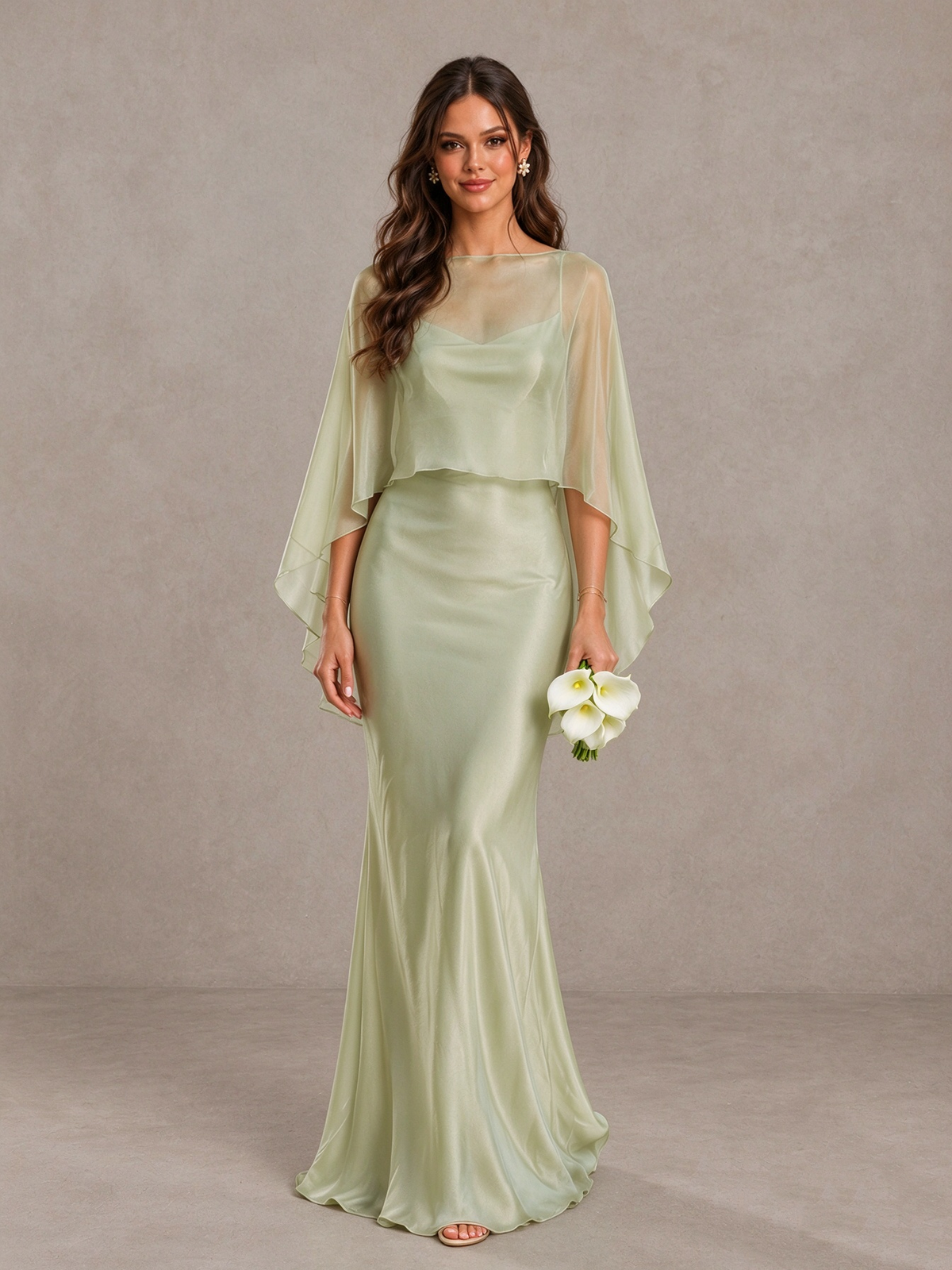 BOLODOO Sage Green Satin Mermaid Bridesmaid Dress with Chiffon Cape 