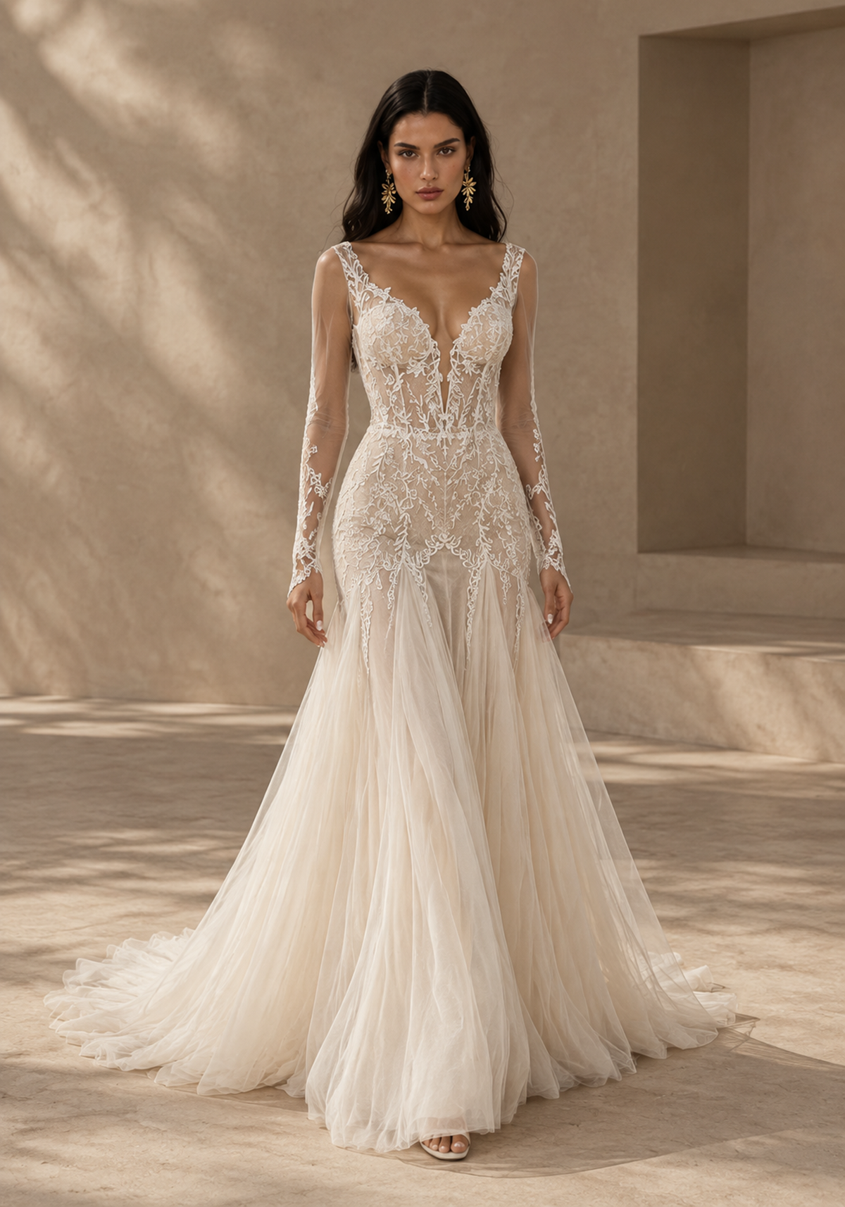 BOLODOO Ivory Lace Long Sleeve Wedding Dress with Open Back and Train 
