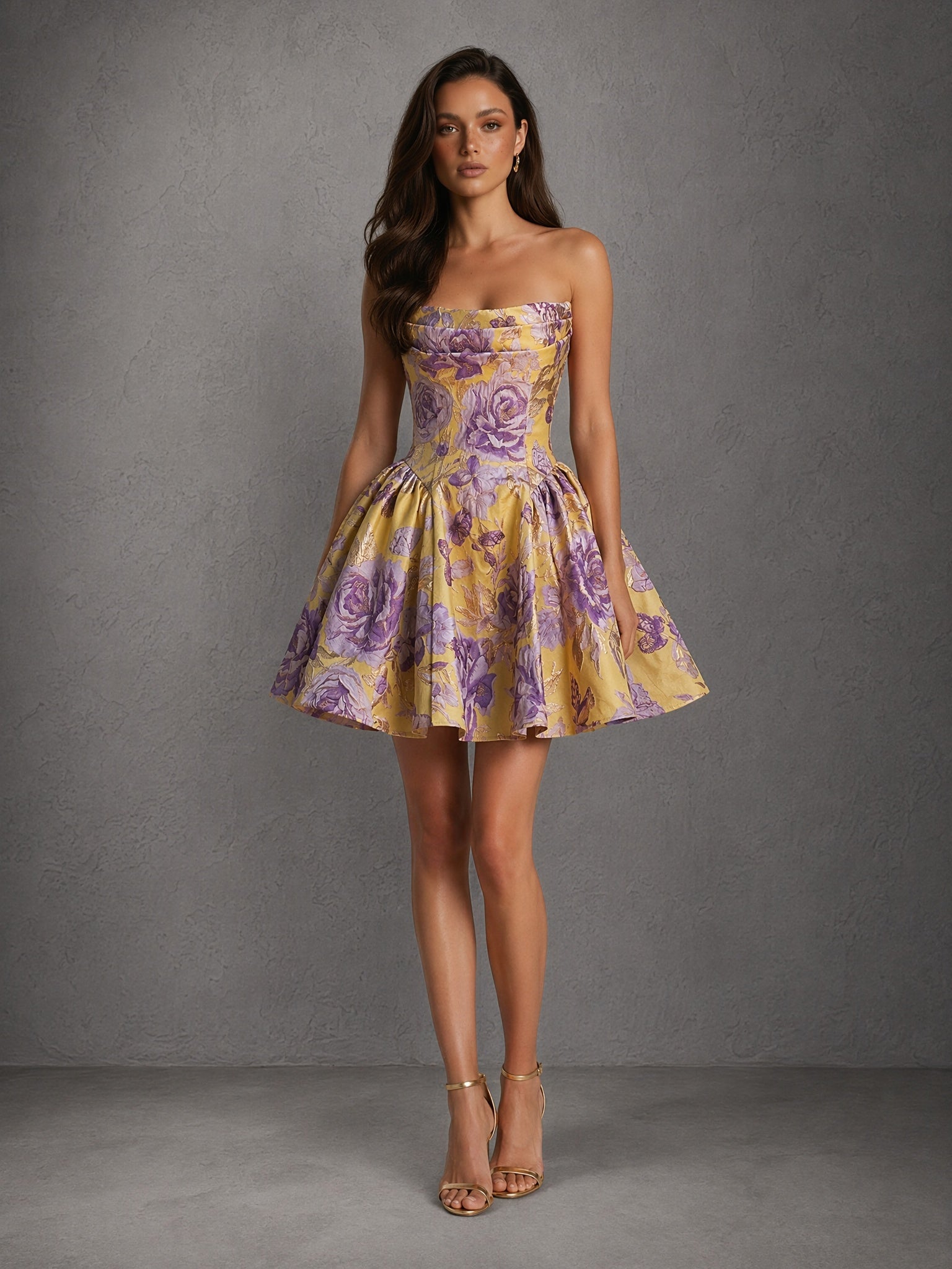 BOLODOO Gold Purple Rose Jacquard Strapless Boned Corset A-Line Mini Dress - Front Upper Body Close Up showing Strapless Neckline and Corset Detail