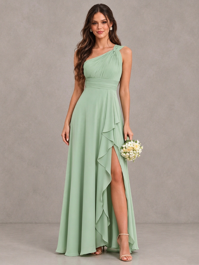 BOLODOO Sage Green One-Shoulder Ruffle Bridesmaid Dress with Slit 