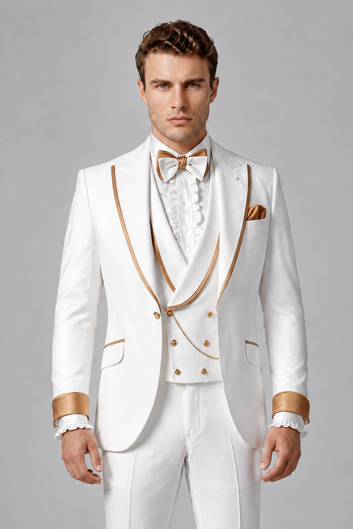 Bolodoo FQ1020 men's white and gold three-piece wedding tuxedo suit front full-length view