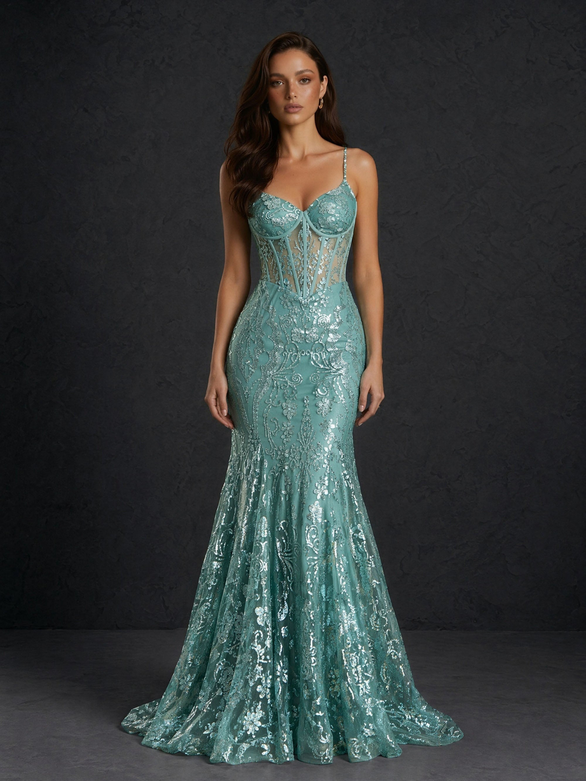 BOLODOO Mint Green Metallic Floral Sequin Spaghetti Strap Sheer Corset Criss-Cross Lace-Up Back Mermaid Maxi Dress - Front Full Length Standing View