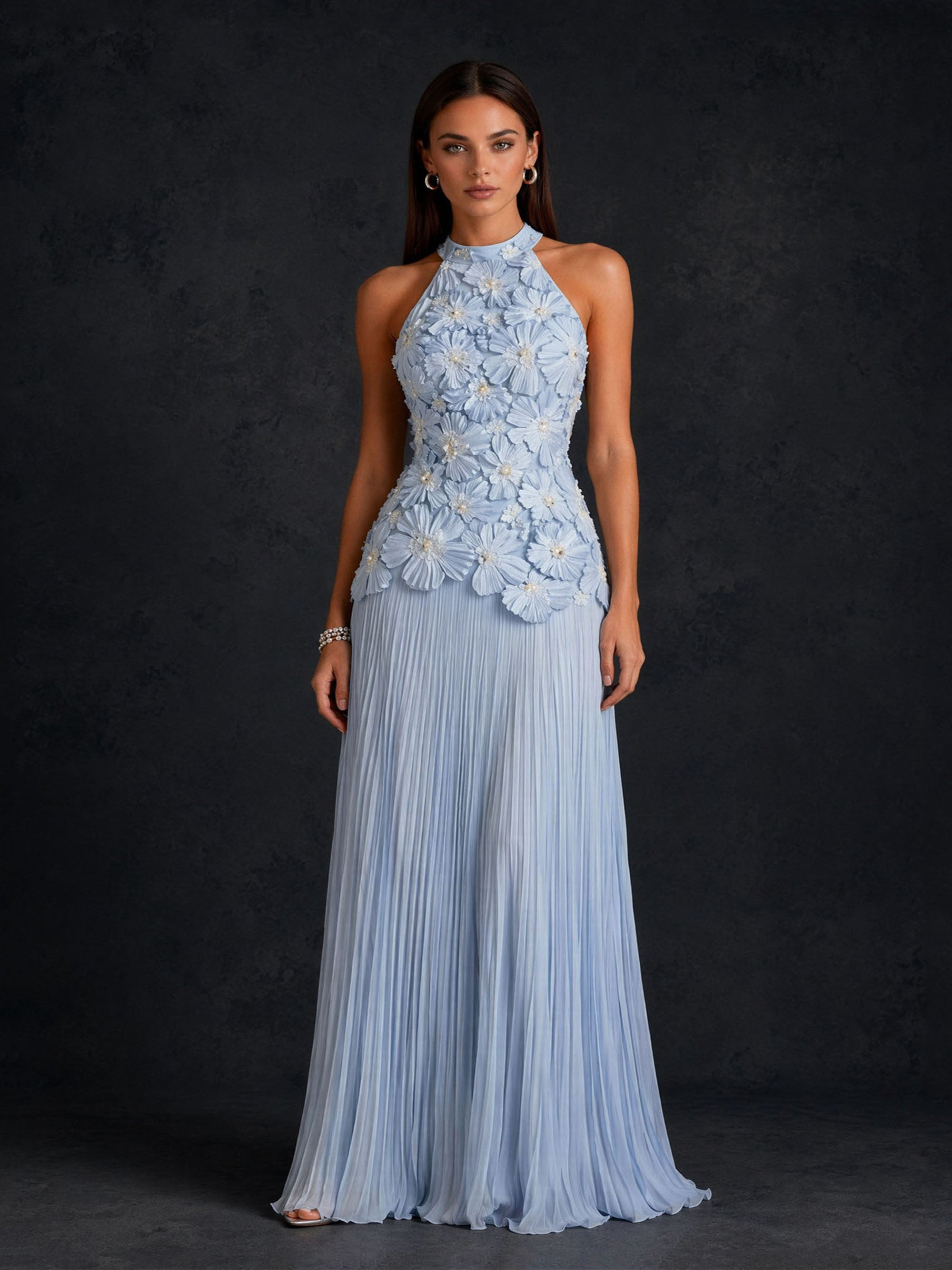 BOLODOO Sky Blue 3D Floral Halter Neck Pleated Maxi Dress - Front Full Length View