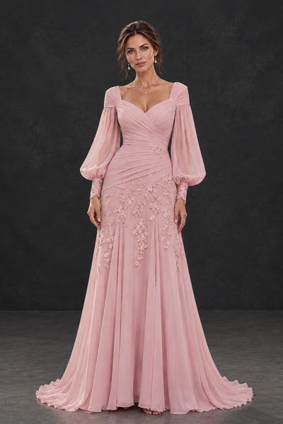 BOLODOO XX065 blush pink mother of the bride dress with long bishop sleeves, floral appliques and sweep train, full front view