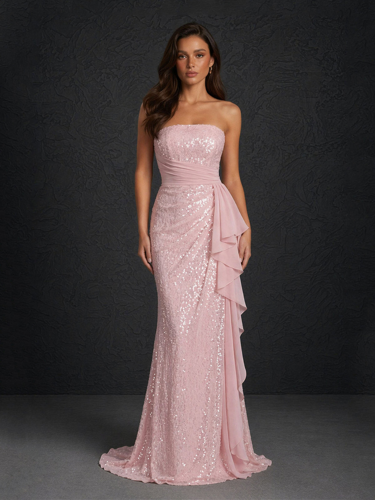 BOLODOO Blush Pink Sequin Strapless Mermaid Gown with Chiffon Ruffle Detail 