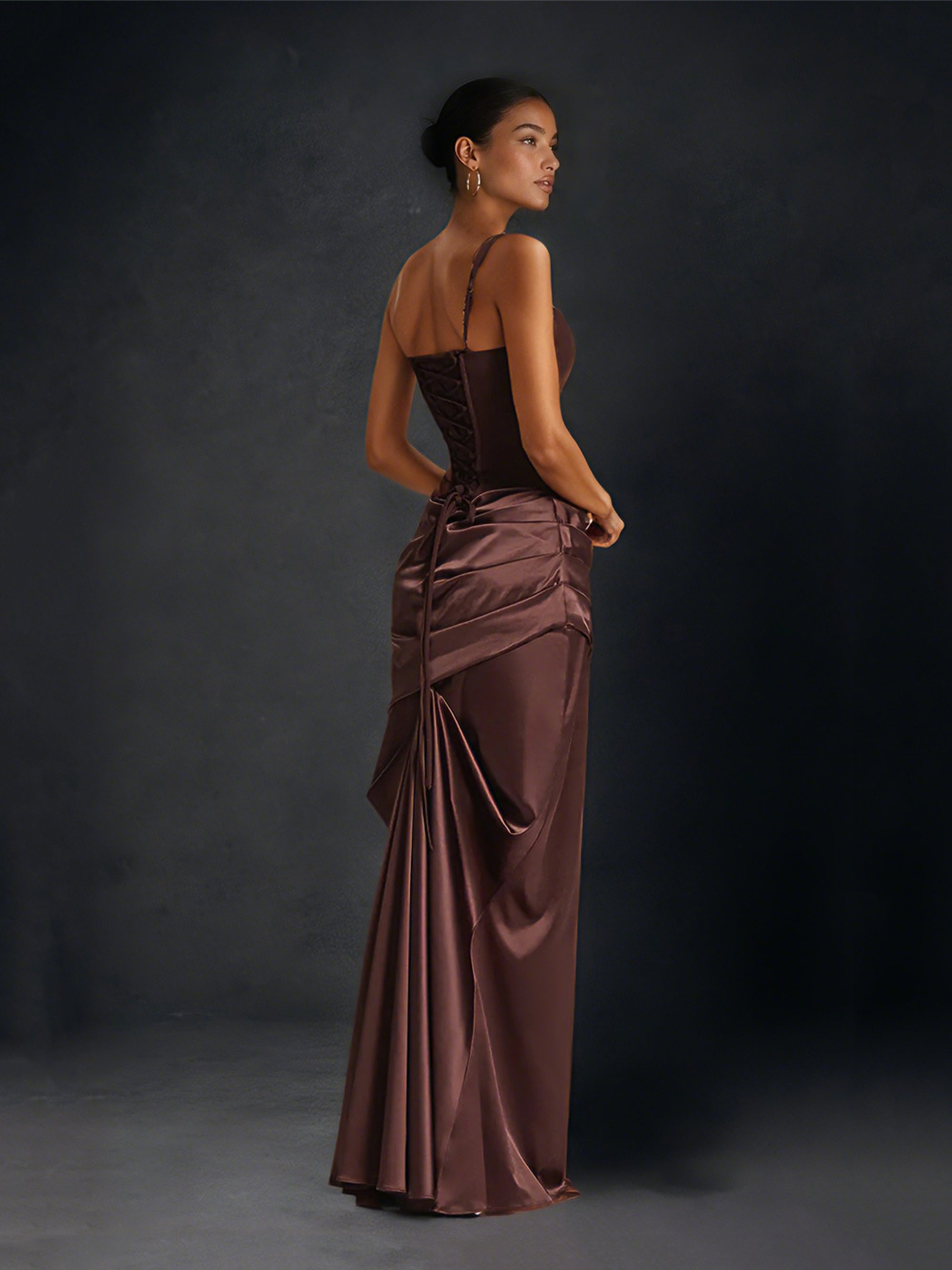 BOLODOO chocolate brown satin corset top and mermaid maxi skirt set - front full body view
